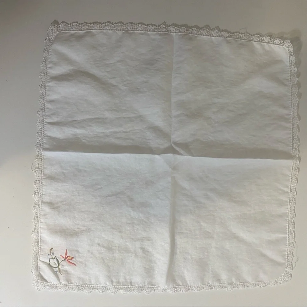 Vintage Set Of 7 Floral Embroidered Dinner Napkins With Lace Edge 15.5” Square